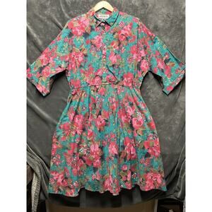 VTG 80s American Shirt Dress 15/16 A-Line Shoulder Pad Floral Midi Modest Garden